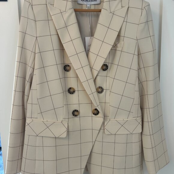 NWT: Veronica Beard Charleston Plaid Double-Breasted Jacket in Ecru Deep Ochre - Picture 4 of 13
